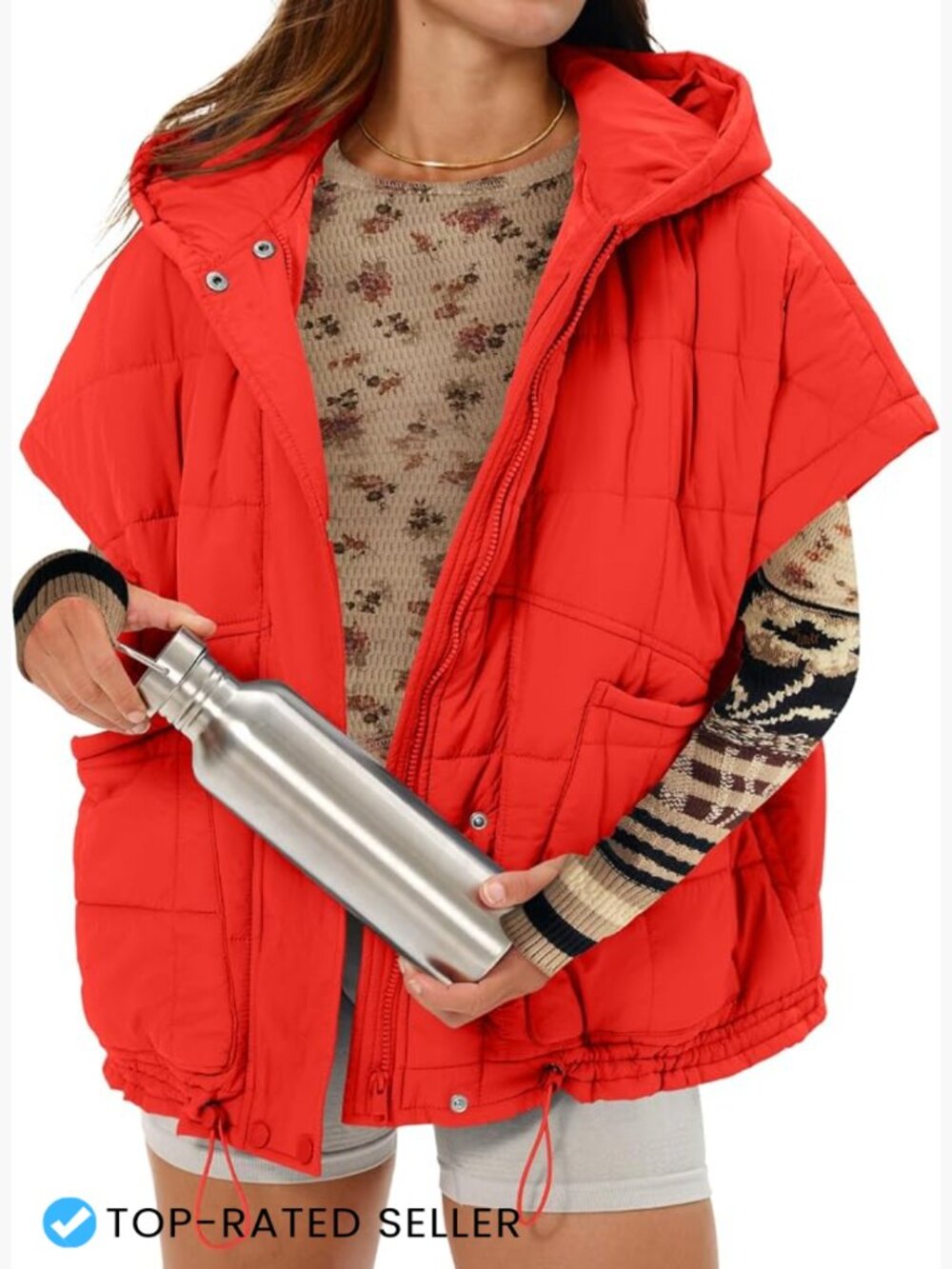 Oversized Quilted Puffer Vest Hooded Zip Front Cap Sleeve Winter Warm Layer